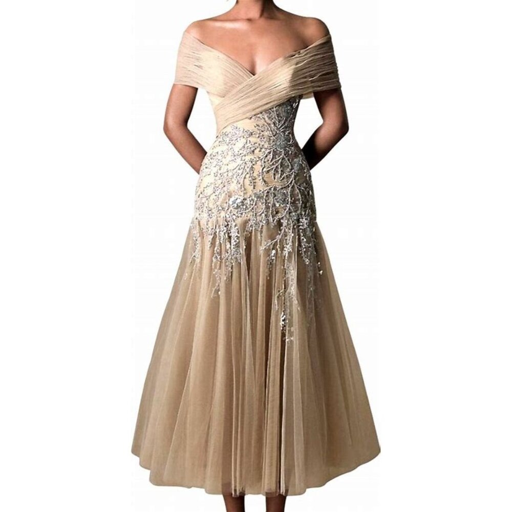 Tarik Ediz 96019 Lana Off The Shoulder Tea-Length Dress, Stone, size 14